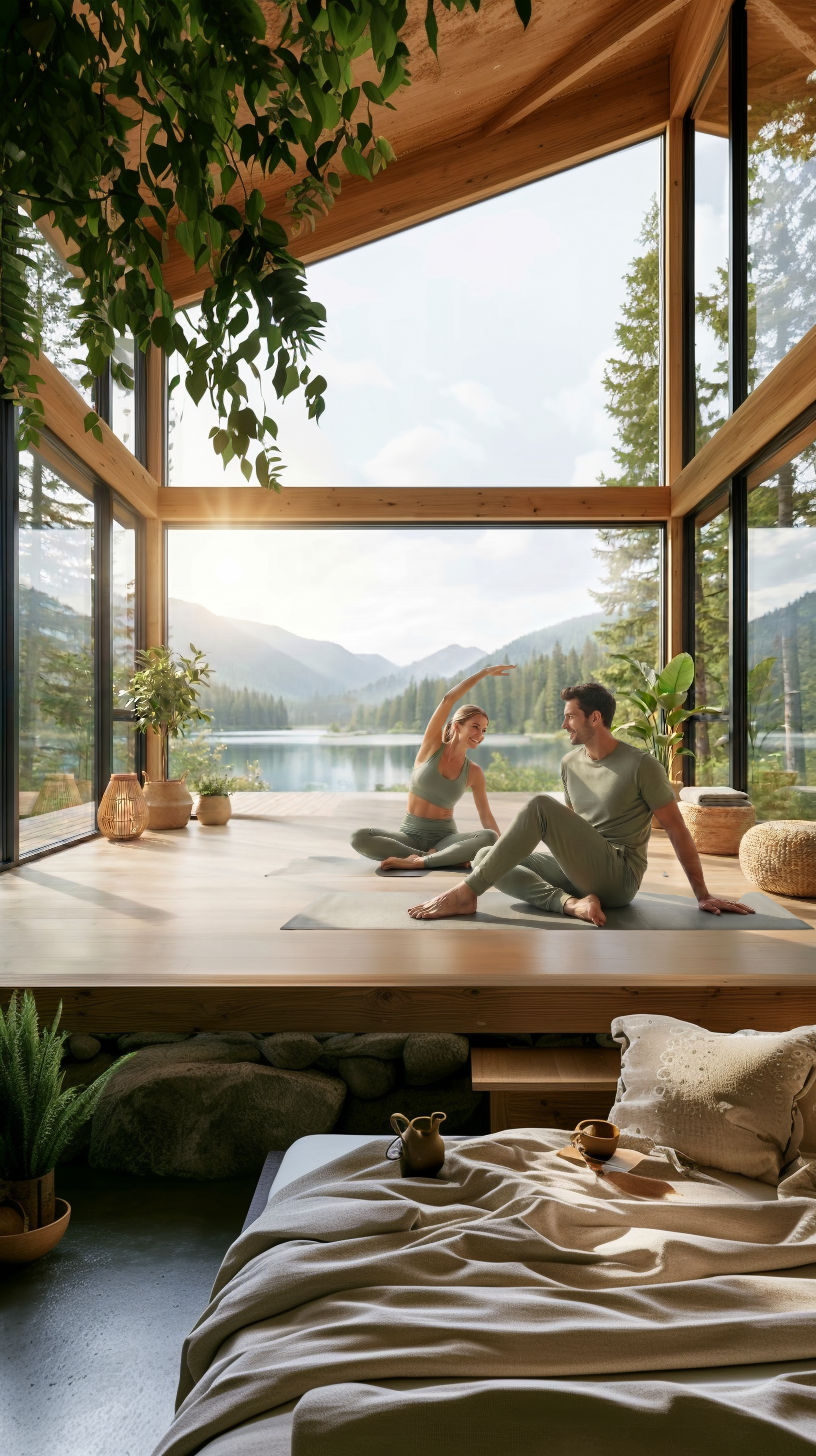 Couple practicing yoga in a serene wellness studio